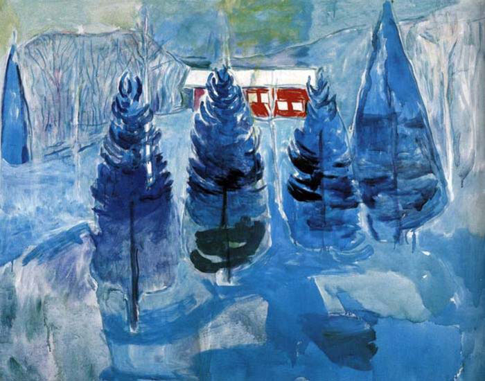 red house and spruces